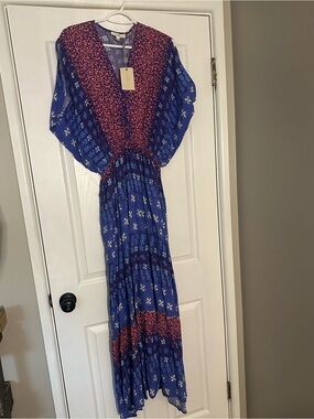 easel Blue Maxi Dress with pink Floral Yoke
